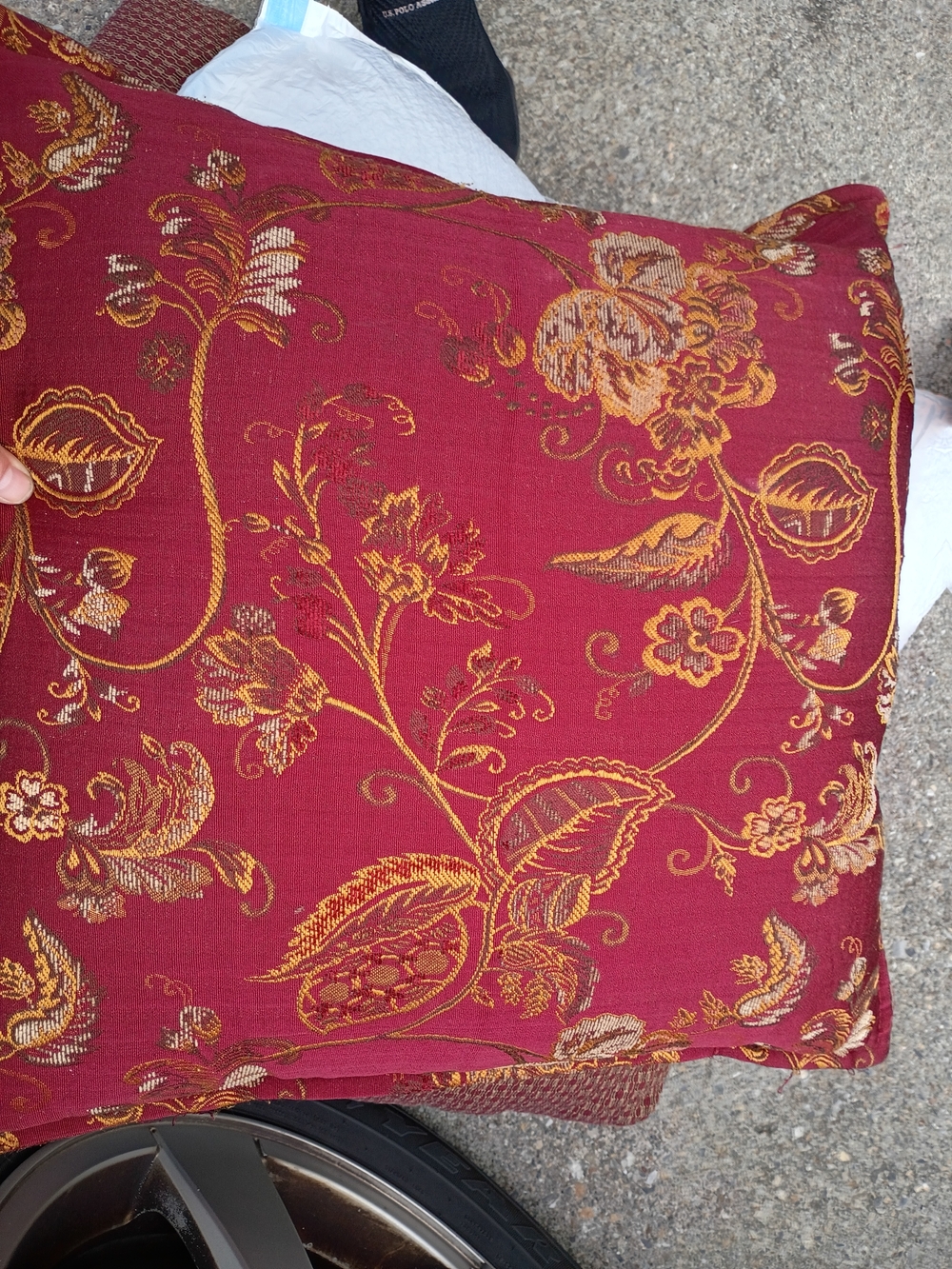 Decorative Red Floral Accent Pillow with Gold Embroidered Detail